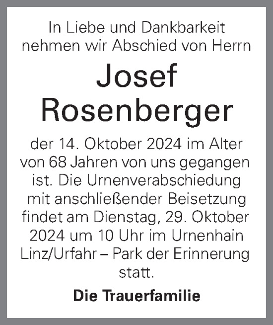 Traueranzeige von Josef Rosenberger von OÖNachrichten