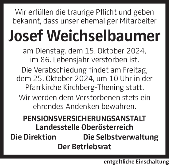 Traueranzeige von Josef Weichselbaumer von OÖNachrichten