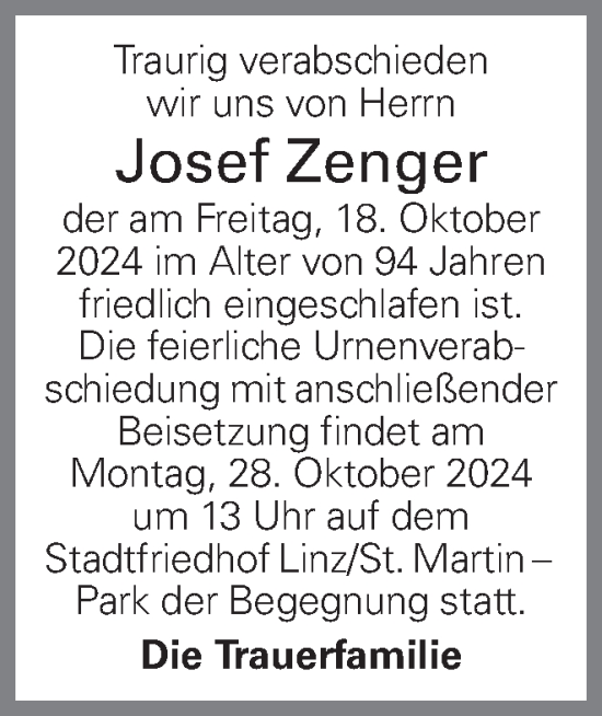 Traueranzeige von Josef Zenger von OÖNachrichten
