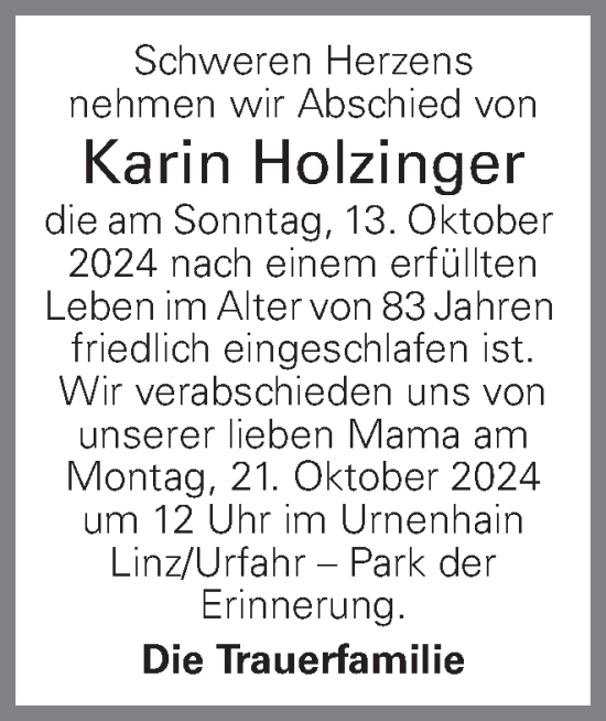 Traueranzeige von Karin Holzinger von OÖNachrichten