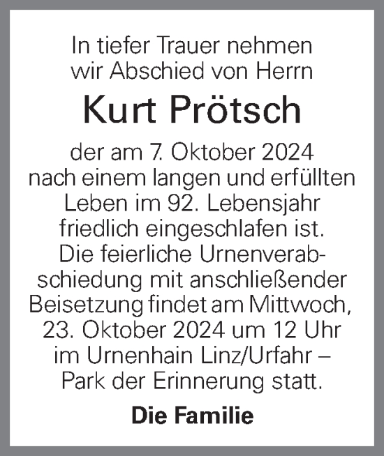 Traueranzeige von Kurt Prötsch von OÖNachrichten