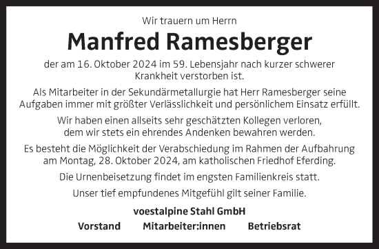 Traueranzeige von Manfred Ramesberger von OÖNachrichten