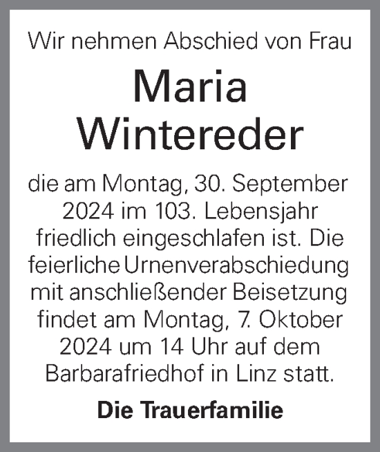 Traueranzeige von Maria Wintereder von OÖNachrichten