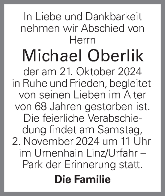 Traueranzeige von Michael Oberlik von OÖNachrichten
