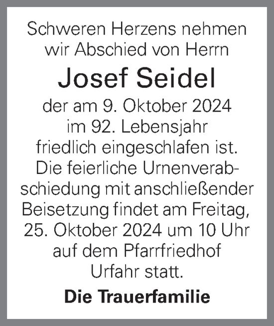Traueranzeige von MJosef KSeidel von OÖNachrichten