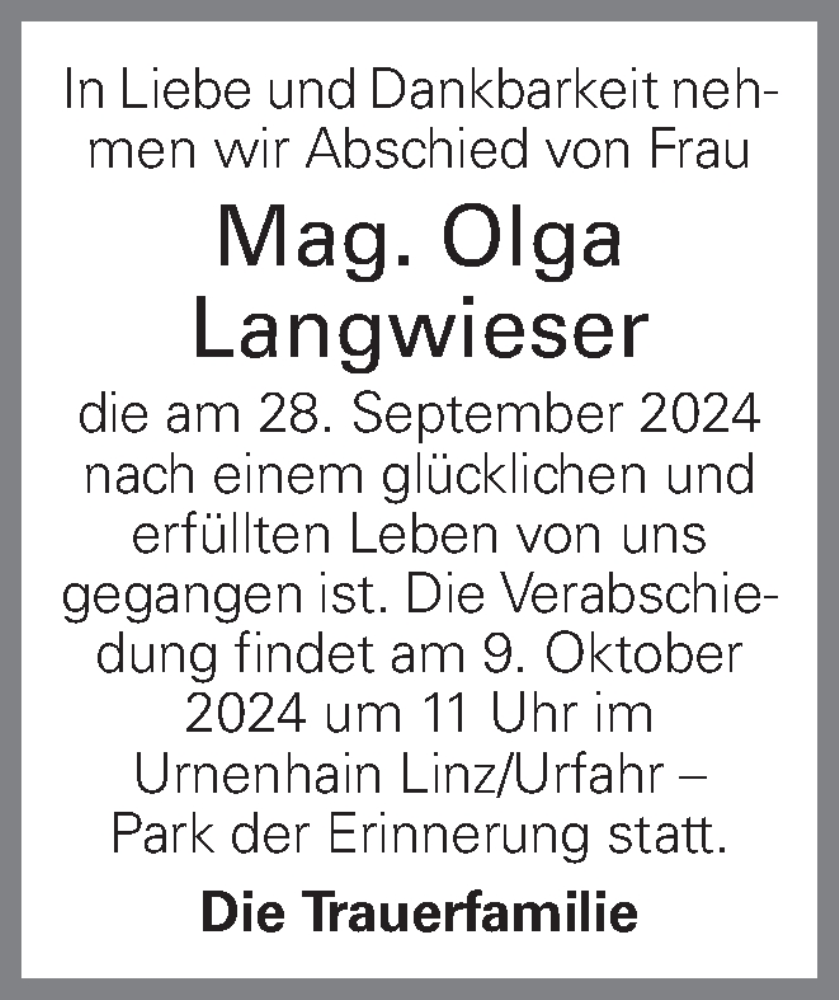  Traueranzeige für Olga Langwieser vom 03.10.2024 aus OÖNachrichten