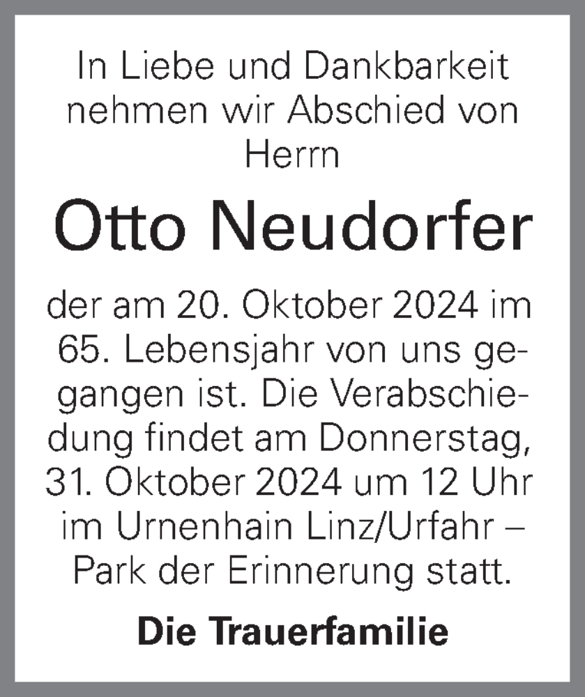  Traueranzeige für Otto Neudorfer vom 25.10.2024 aus OÖNachrichten