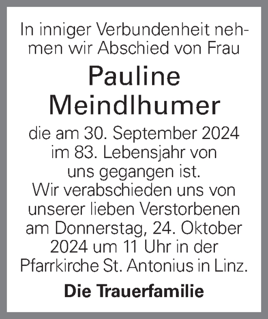 Traueranzeige von Pauline Meindlhumer von OÖNachrichten