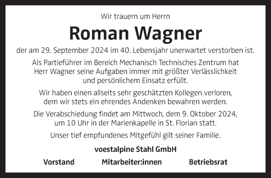 Traueranzeige von Roman Wagner von OÖNachrichten