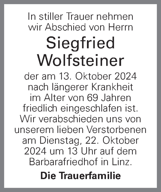 Traueranzeige von Siegfried Wolfsteiner von OÖNachrichten