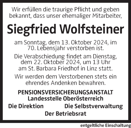 Traueranzeige von Siegfried Wolfsteiner von OÖNachrichten