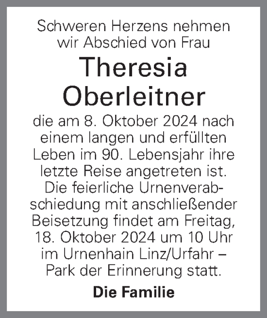 Traueranzeige von Theresia Oberleitner von OÖNachrichten