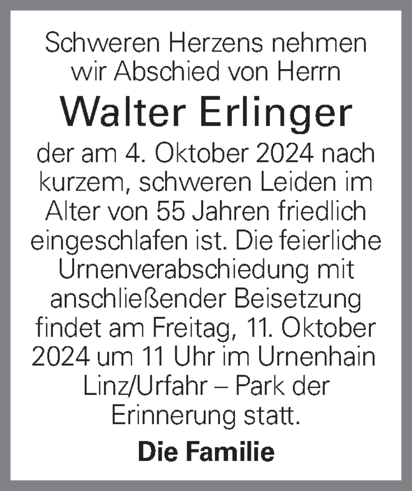  Traueranzeige für Walter Erlinger vom 08.10.2024 aus OÖNachrichten