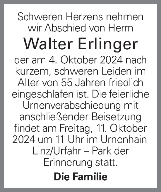 Traueranzeige von Walter Erlinger von OÖNachrichten