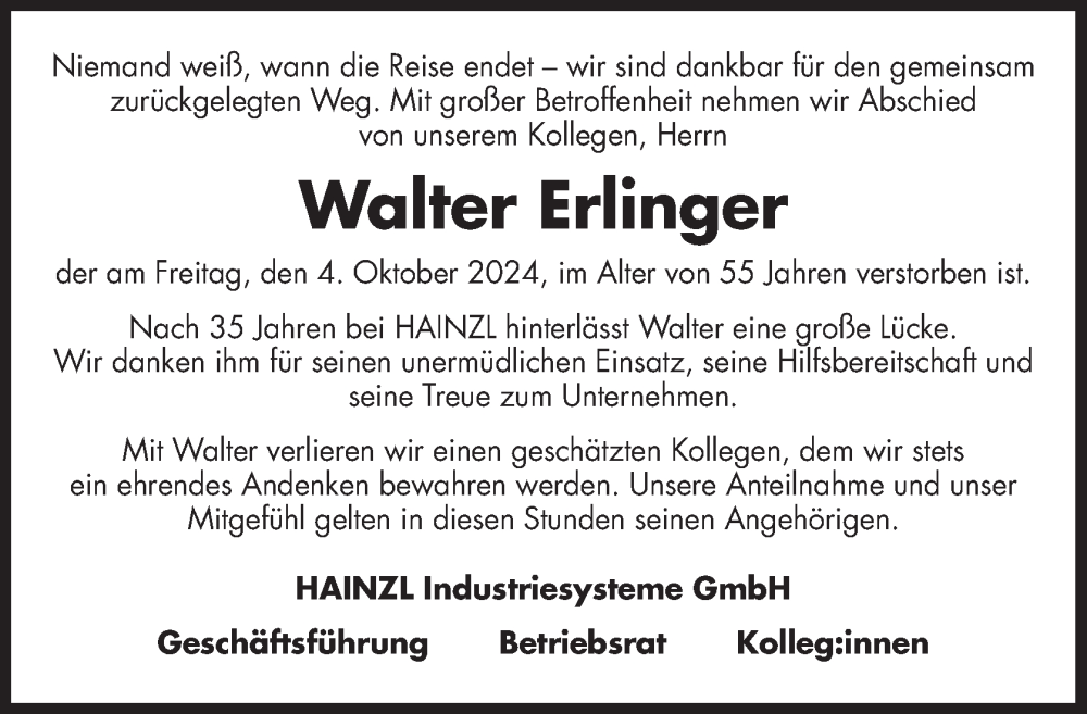  Traueranzeige für Walter Erlinger vom 10.10.2024 aus OÖNachrichten