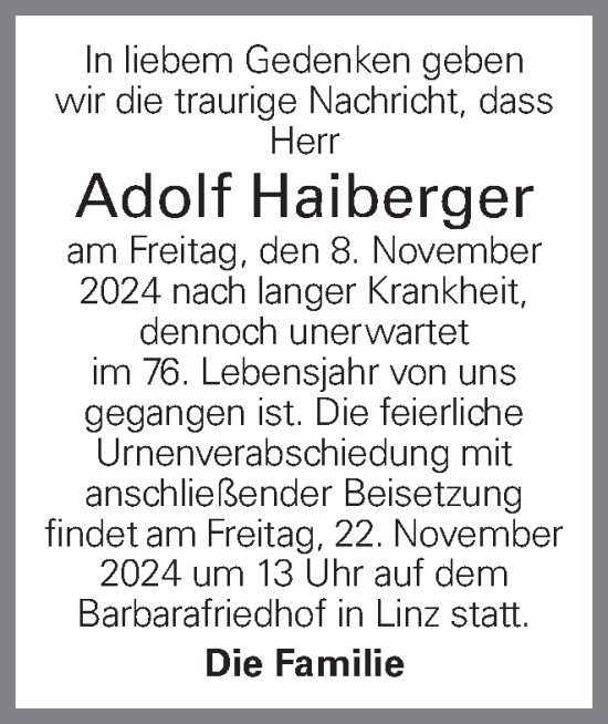 Traueranzeige von Adolf Haiberger von OÖNachrichten