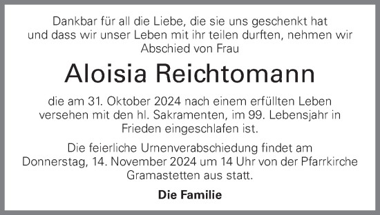 Traueranzeige von Aloisia Reichtomann von OÖNachrichten