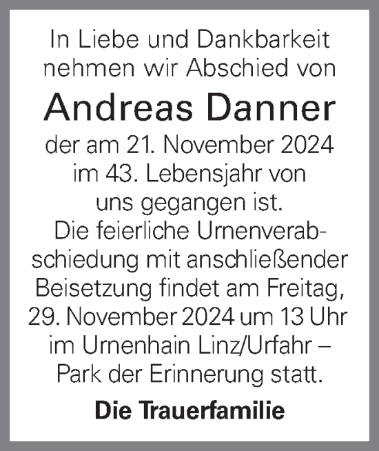 Traueranzeige von Andreas Danner von OÖNachrichten