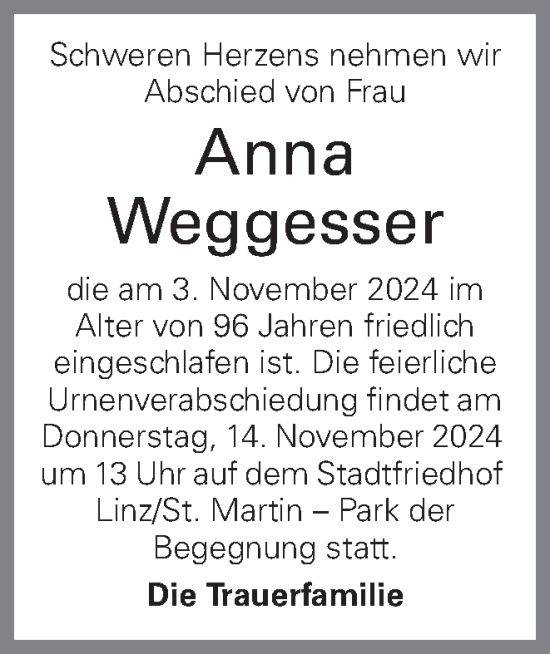 Traueranzeige von Anna Weggesser von OÖNachrichten