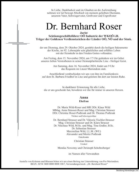 Traueranzeige von Bernhard Roser von OÖNachrichten
