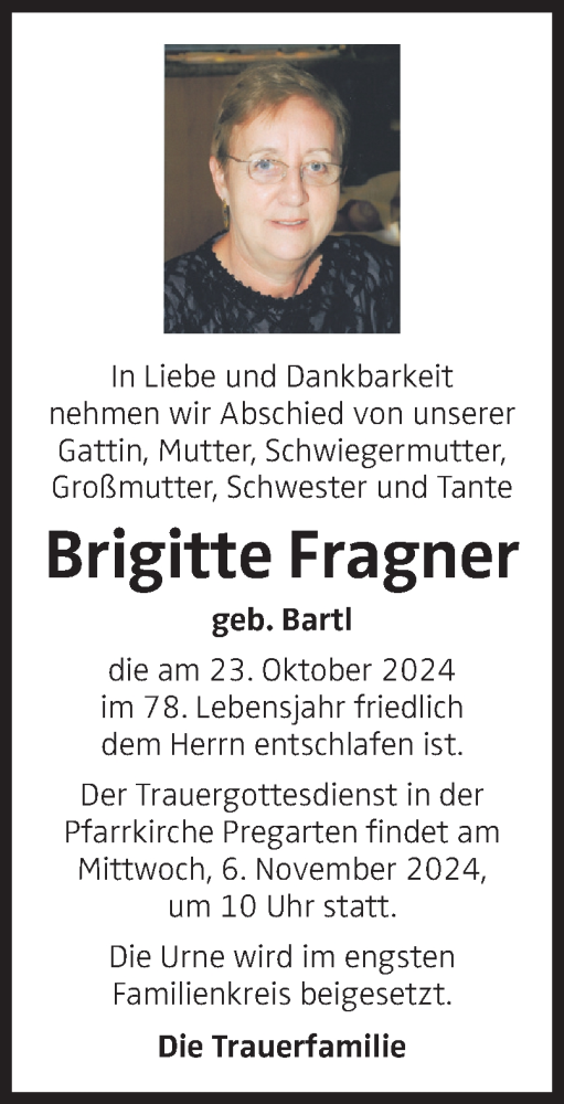 Traueranzeige von Brigitte Fragner  von OÖNachrichten