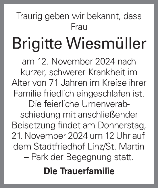 Traueranzeige von Brigitte Wiesmüller von OÖNachrichten