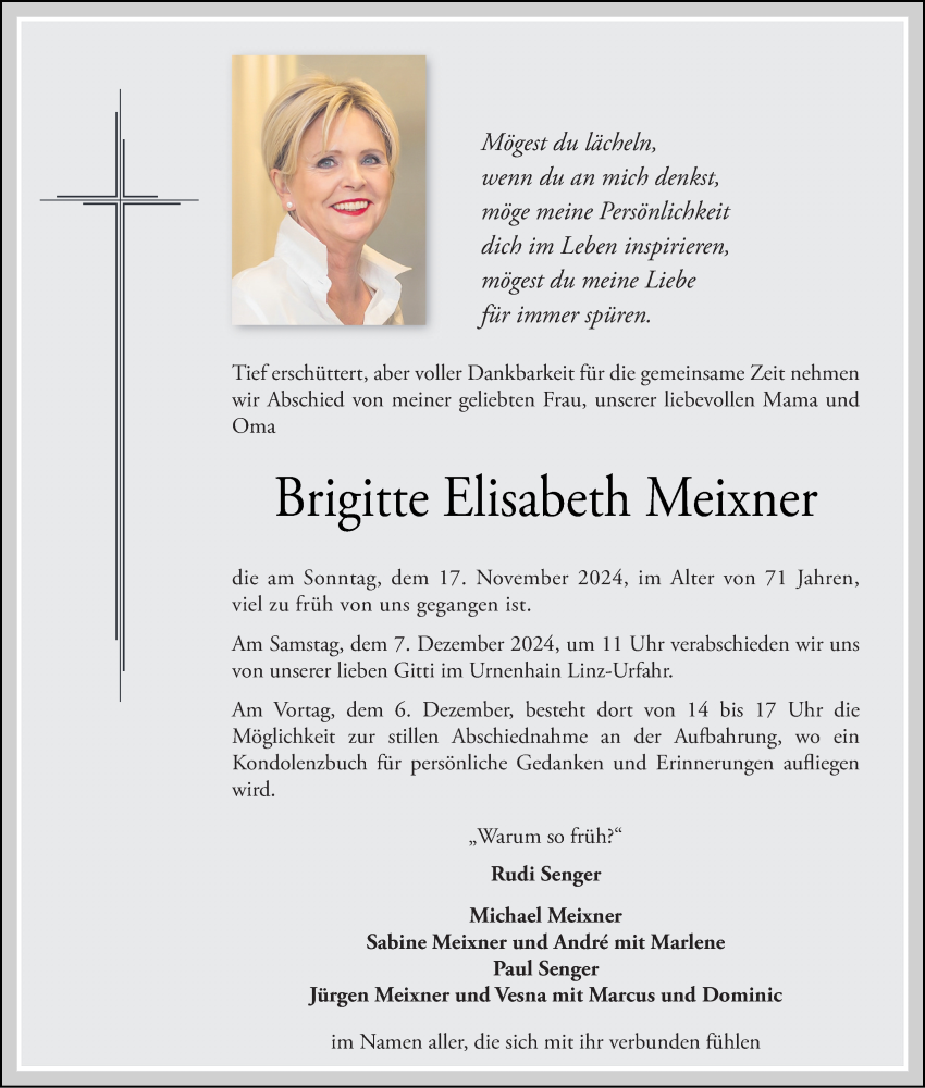 Traueranzeige für Brigitte Elisabeth Meixner vom 27.11.2024 aus OÖNachrichten