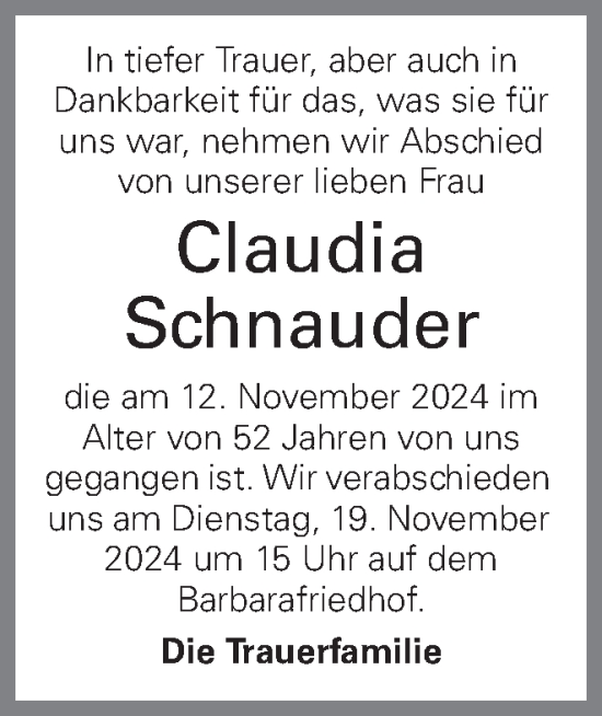 Traueranzeige von Claudia Schnauder von OÖNachrichten