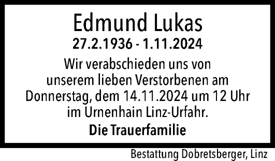 Traueranzeige von Edmund Lukas von OÖNachrichten