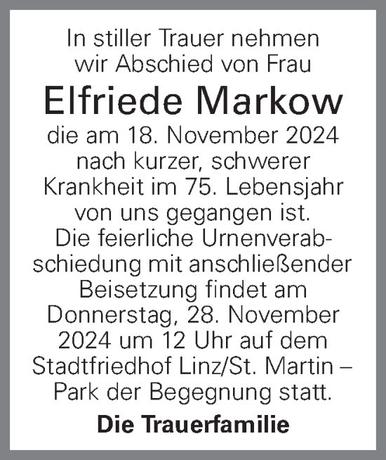 Traueranzeige von Elfriede Markow von OÖNachrichten