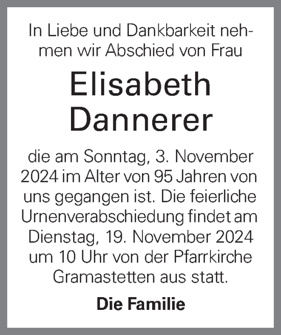 Traueranzeige von Elisabeth Dannerer von OÖNachrichten