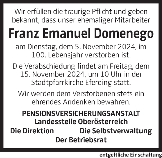 Traueranzeige von Emanuel Domenego von OÖNachrichten