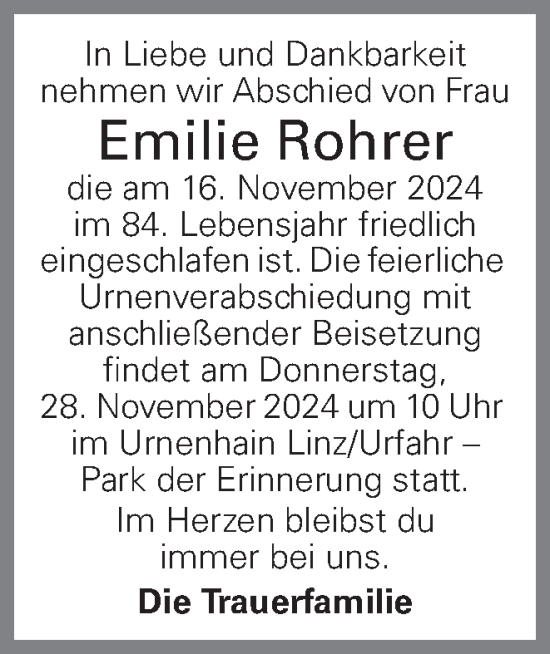 Traueranzeige von Emilie Rohrer von OÖNachrichten