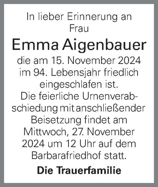 Traueranzeige von Emma Aigenbauer von OÖNachrichten