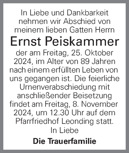 Traueranzeige von Ernst Peiskammer von OÖNachrichten