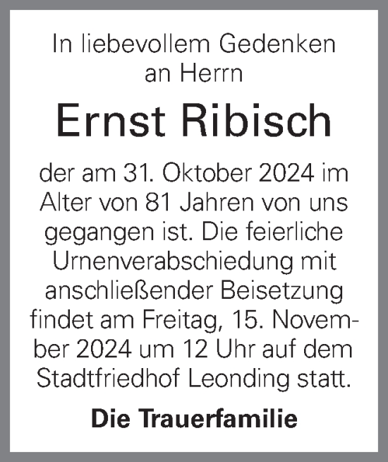 Traueranzeige von Ernst Ribisch von OÖNachrichten