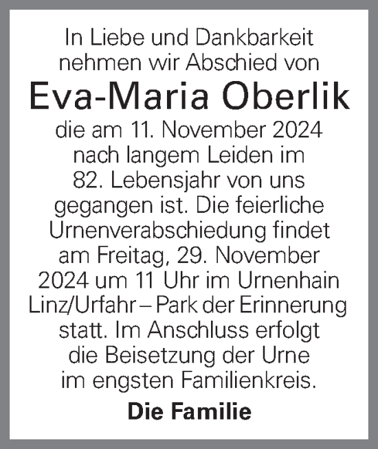 Traueranzeige von Eva-Maria Oberlik von OÖNachrichten