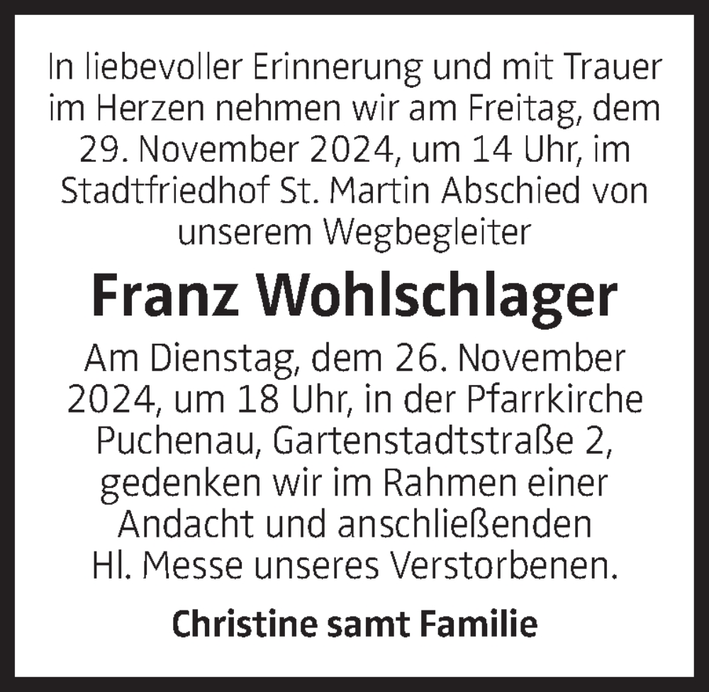 Traueranzeige für Franz Wohlschlager vom 22.11.2024 aus OÖNachrichten