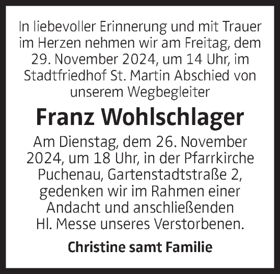 Traueranzeige von Franz Wohlschlager von OÖNachrichten