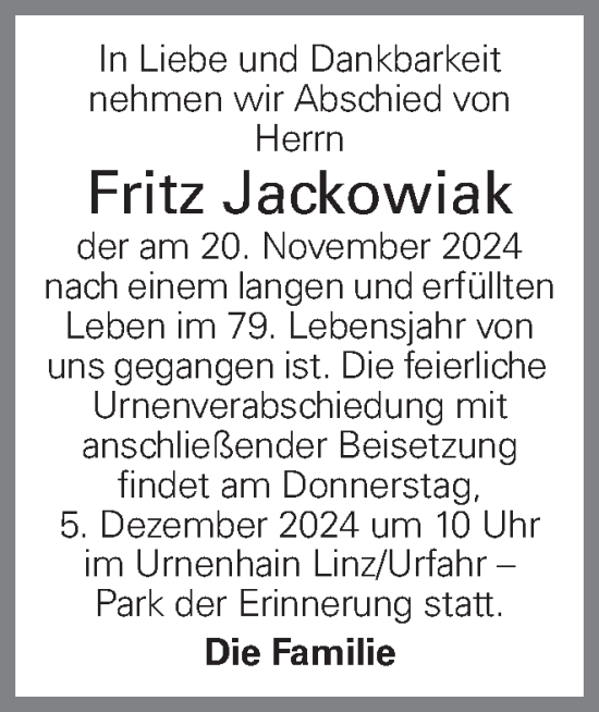 Traueranzeige von Fritz Jackowiak von OÖNachrichten