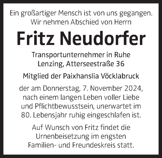 Traueranzeige von Fritz Neudorfer von OÖNachrichten