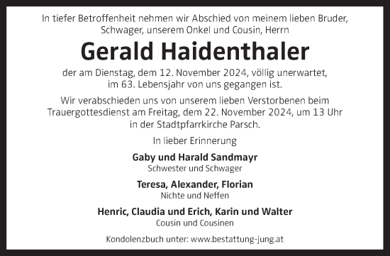 Traueranzeige von Gerald Haidenthaler von OÖNachrichten