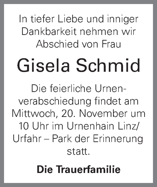 Traueranzeige von Gisela Schmid von OÖNachrichten