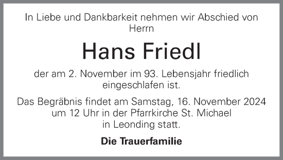 Traueranzeige von Hans Friedl von OÖNachrichten