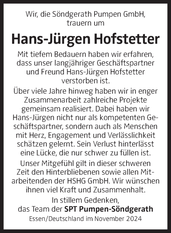 Traueranzeige von Hans-Jürgen Hofstetter von OÖNachrichten