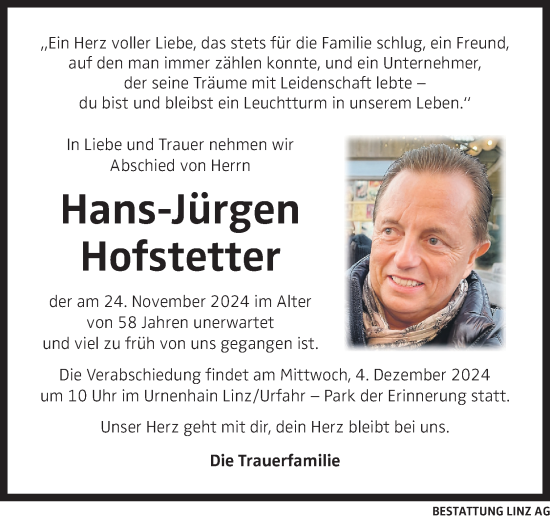 Traueranzeige von Hans-Jürgen Hofstetter von OÖNachrichten