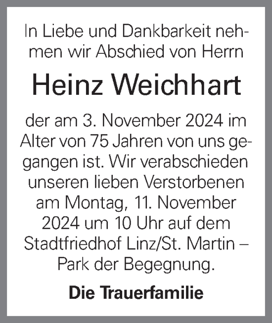 Traueranzeige von Heinz Weichhart von OÖNachrichten