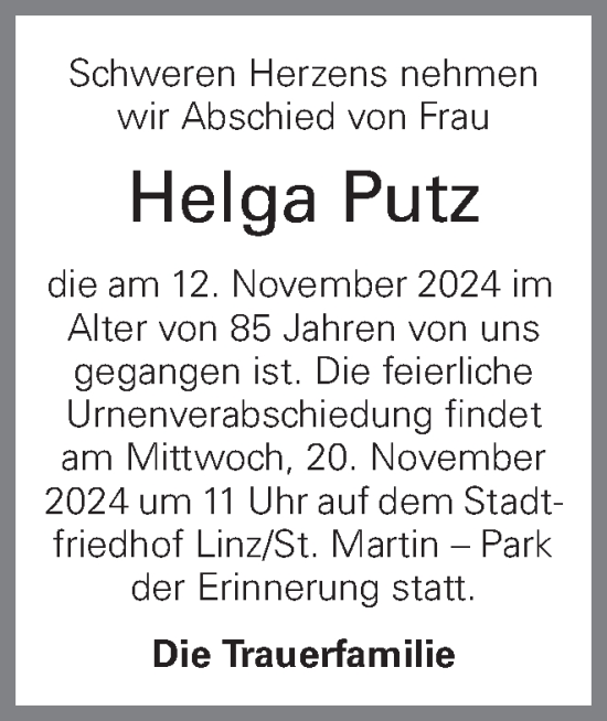 Traueranzeige von Helga Putz von OÖNachrichten