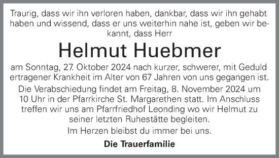 Traueranzeige von Helmut Huebmer von OÖNachrichten