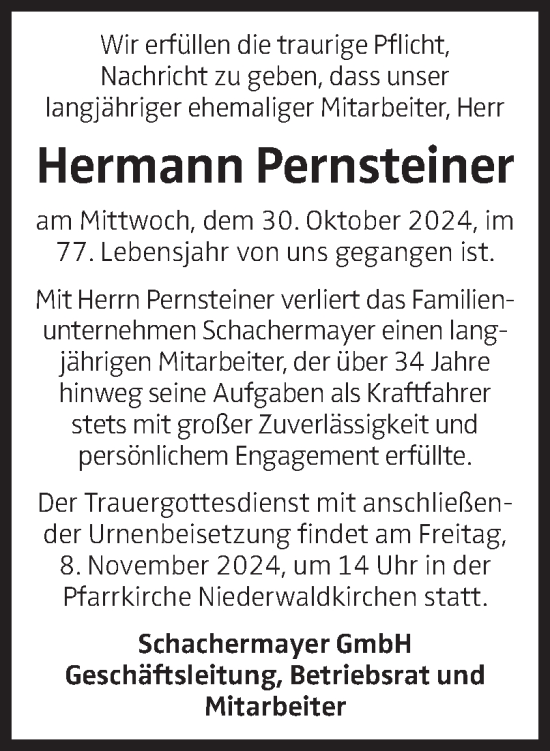 Traueranzeige von Hermann Pernsteiner von OÖNachrichten